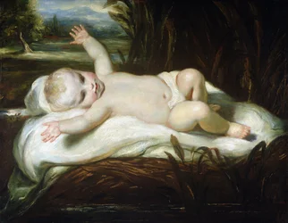 Bullrushesのモーセ（裏地のないキャンバスに油彩）